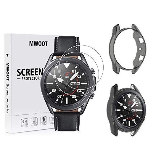 MWOOT Compatible con Samsung Galaxy Watch 3 45MM Protectores Cristal Templado [2 Unidades] y Funda Silicona Clear Negro, 9H Dureza Protector Pantalla para Proteccion de Galaxy Watch3 SM-R840/R845
