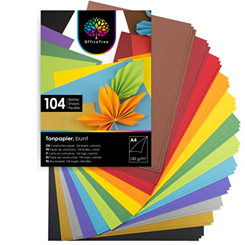 OfficeTree 104 Papel Colores A4 130g/m² - Folios de Colores A4 para Hacer Manualidades Diseñar - 10 Tonos de Color y Lazos de Oro y Plata