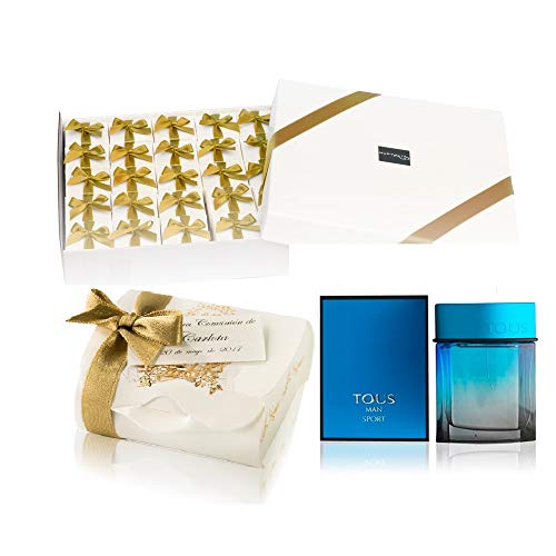 Pack 25 mini perfumes de hombre como detalles de Primera Comunión para invitados Tous Man Eau de toilette 4,5 ml. original en baul comunion y tarjeta personalizada