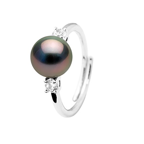 Pearls & Colors – Anillo de joyería – Auténtica perla cultivada de Tahití redonda 8-9 mm – Calidad AA+ – Plata maciza 925 milésimas – Tamaño ajustable – Joya para mujer