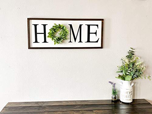 PotteLove Home Framed Wooden Sign/Large Home Sign with Wreath/Farmhouse Frame Home Sign/Wall Decor Home Sign/Entryway Wreath Sign/Home Sign, Framed Wood Sign 12" X 12"