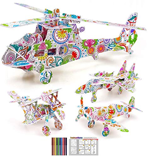 Queta Juego de Rompecabezas de Colorear 3D, Kit de Puzzle 3D para Colorear de Arte y Manualidades DIY Juguetes de Pintura Educativa para Niños Regalo de Cumpleaños Navidad con 12 Rotuladores (Avión)