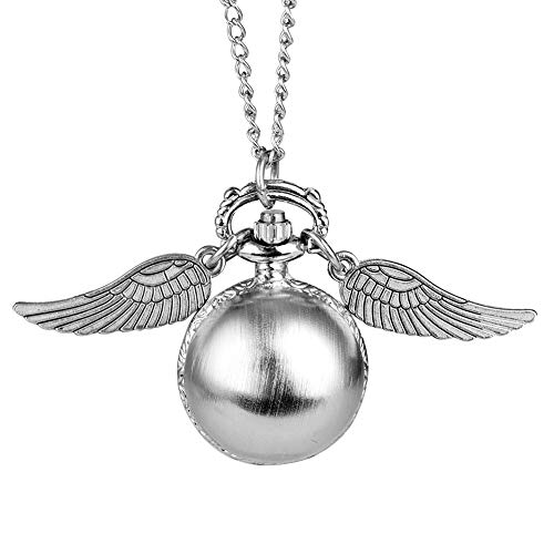 Reloj de bolsillo con forma de bola de plata envejecida para mujeres, cadena de aleación duradera, relojes de bolsillo para mujer, diseño de dos alas pequeñas, reloj colgante para esposa