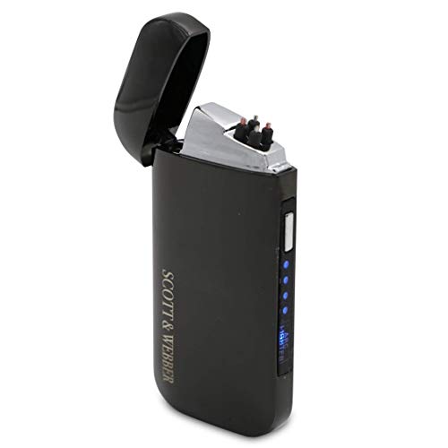 Scott & Webber® - Mechero eléctrico de arco - USB recargable con indicador de batería - Carcasa de metal negra - Sin llama con doble arco