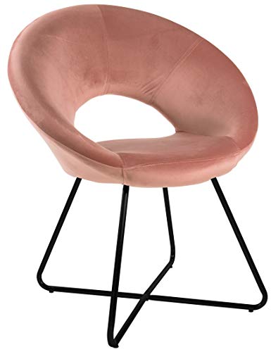Sillón acolchado circular de terciopelo rosa con patas de hierro negras. Sillón de oficina o comedor muy cómodo y asiento ergonómico 71 x 59 x 84 cm