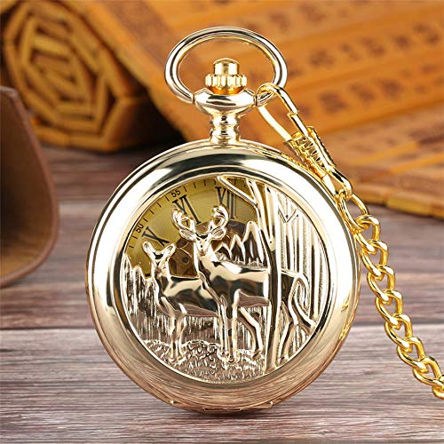 UIEMMY Reloj de bolsillo de lujo con doble cara abierta, mecánico, números romanos y esqueleto, retro, bronce, dorado, para hombres y mujeres, color dorado