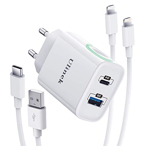 Ulinek Cargador Carga Rapida 20W con 2 Puertos y 2 Pack 2M Cables [USB C a Lightning y USB A] MFi Certificado Cargador Rapido iPhone Fast Charge 3.0 Adaptador para iPhone 12 11 Pro MAX XS XR X 8 iPad