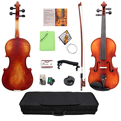Violín vintage Kit completo de violín 4/4 Violín de tamaño completo con estuche rígido Sintonizador de arco Descanso de barbilla Repuesto de cuerdas Cuerdas Resina Puente Acabado brillante Madera maci