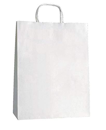 Yearol K05. 25 bolsas de papel kraft blancas con asas. Para comercio, tiendas, regalo, manualidades, etc. Anónimas, fondo americano cuadrado. 32 x 22 x 10 gramaje 90 gr/m2.