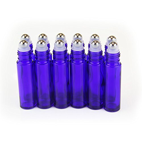 Yizhao Azul Botellas Roll On Cristal para Aceites Esenciales 10ml, con Roll-on Bola de Acero Inoxidable, para Aceites Esenciales, Masajes, Aromaterapia, Botella de Laboratorio – 12 Pcs