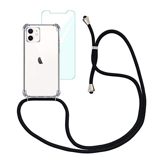 Yohii Funda con Cuerda Compatible con iPhone 12 Mini (5.4") y Protector Pantalla de Cristal Templado, Carcasa Transparente TPU Suave Silicon Colgante Ajustable Collar - Negro