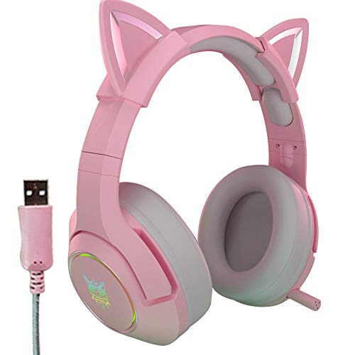 YUNYING Gaming Headset with Removable Cat Ears, Cat Ear Headphones for PS5, PS4, Xbox One PC,RGB LED Light & Noise Canceling Retractable Microphone(Adapter Not Included)