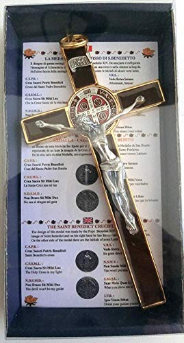 10.004.21 Cruz de oro marrón de San Benito, de 20 cm, esmaltada, con caja de regalo, para sacerdote, monja, para exorcismo