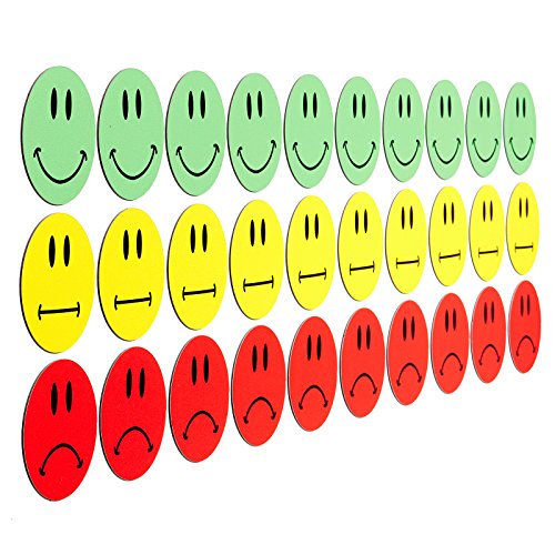 30 imanes de colores (10 Smileys sonrientes verdes/10 sonrisas amarillas neutrales / 10 sonrisas rojas) / Diámetro de 5 cm / por ejemplo para consultas de formación, trabajo de proyectos, enseñanza.