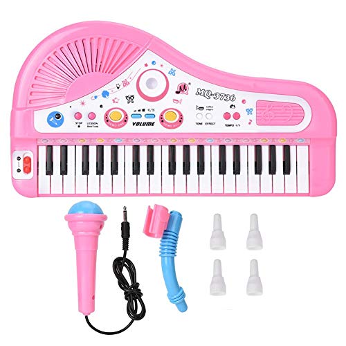 37 Teclado Instrumento de piano eléctrico, niños rompecabezas Educación temprana Aprendizaje de música Piano con micrófono para 3 años(Pink)
