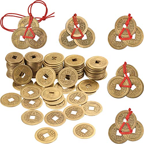 50 Piezas 1 Pulgada de Moneda Feng Shui China Moneda I Ching y 5 Juegos de Moneda de Riqueza con Cuerda Roja para Riqueza y Buena Suerte