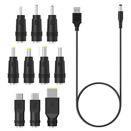 aceyoon Cable USB a DC de alimentación, USB Universal 3.0 A Macho a DC 5.5x2.1mm Adaptador con 10 Conectores, Cable de Carga 3A y Kits de Cables compatibles con Lenovo, ASUS, DELL, HP, Acer