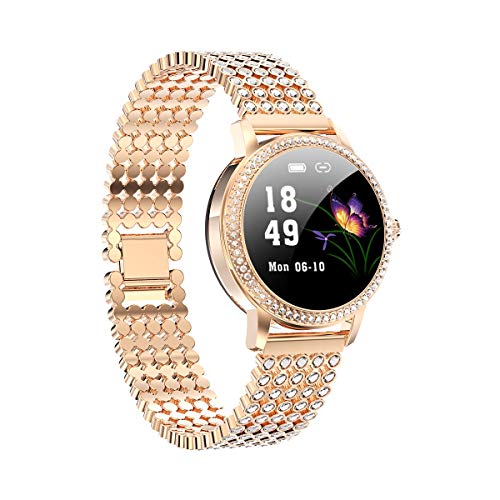 Aliwisdom - Reloj Inteligente para Mujere, Smartwatch Redondo con función de recordatorio de teléfono SMS de Whatsapp Impermeable Reloj Deportivo Correa de Metal para iPhone Android (Oro Rosa)