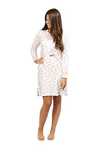 BABELO HOMEWEAR ? – Camisones para Mujer – Camisón de Mujer algodón 100% - Camisón de Mujer de Manga Larga – Camisón Estampado Combinado en Blanco y Rosa (XL)
