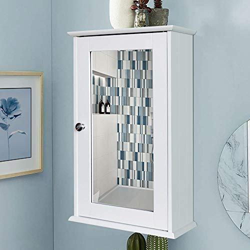 BAKAJI Mueble Espejo de Pared para baño con Espejo de Madera, 1 Puerta, Blanco, única