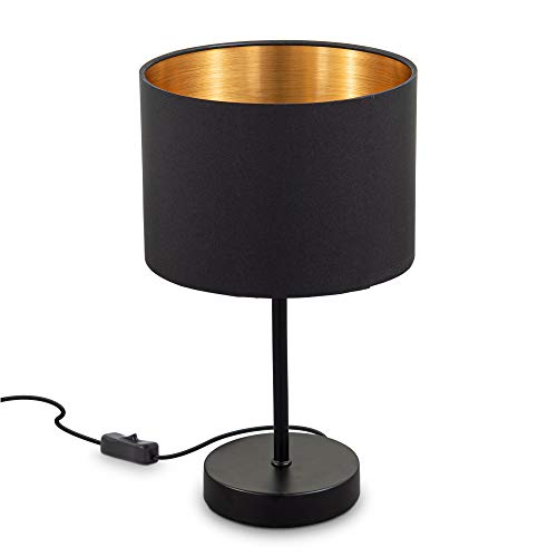 B.K.Licht I lámpara de mesa de tela negro-oro I E27 I 1-llama I pantalla de tela 20 cm I 140 cm interruptor de cable I sin bombilla