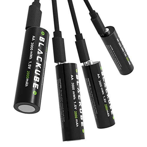 Blackube Pilas Rechargable AA Battery Litio 3000mWh Micro USB- 1.5V 2000mAh - Tiempo de Carga 1.2 horas-1000 Cycles-USB Charge-sin Efecto Memoria-4*AA