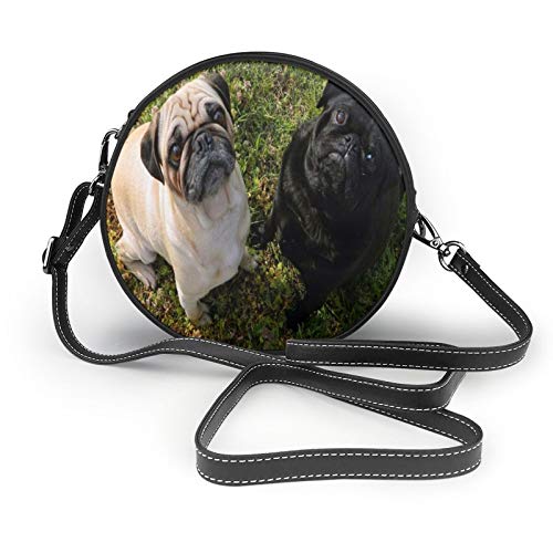 Bolso de hombro redondo para mujer, diseño de perro carlino y negro