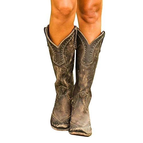 Botas de Mujer Botas de Motorista Remaches Botas de Montar de Cuero Chunky Heel Cowgirl Miami Cowboy Western Botines,B3,39