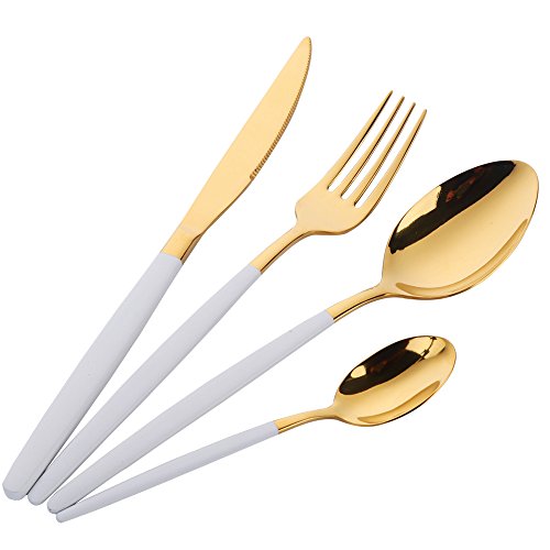 Buyer Star Juego de cubiertos de acero inoxidable dorado con mango blanco y utensilios de cocina para 4