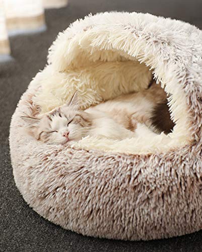 Cama para gatos, de felpa suave, con forma de cueva; casa para gatos en interiores y cojín para dormir, cálida para invierno, antideslizante, extraíble y lavable