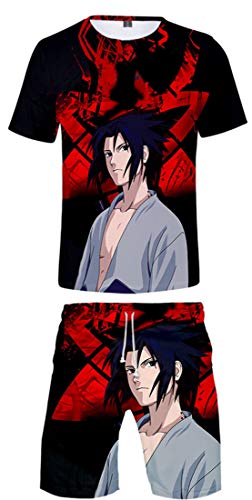 Chándales de Dos Piezas para Hombre con Cuello Redondo Manga Corta 3D Anime Naruto Camisetas y Pantalones Cortos, Sasuke/XL