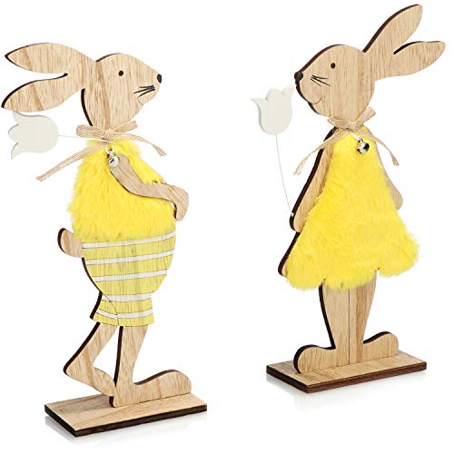 com-four® 2X Figura Decorativa con Soporte - Conejos de Pascua con Vestido y Flor - Decoración de Pascua de Madera para Colocar (Set16 - Conejos con Flor)