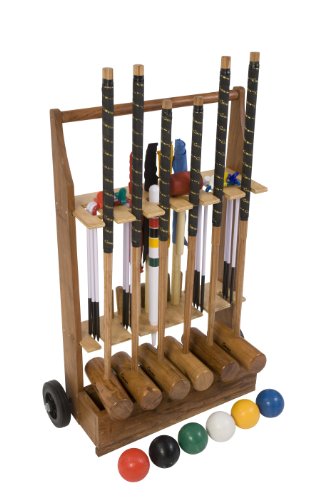 Conjunto para croquet (6 jugadores, con 2 tamaños de mazos 2 x 34" y 4 x 38", 6 bolas compuestas, 6 argollas de acero, martillo, pinzas, banderas y estaca de centro, en carrito de madera)