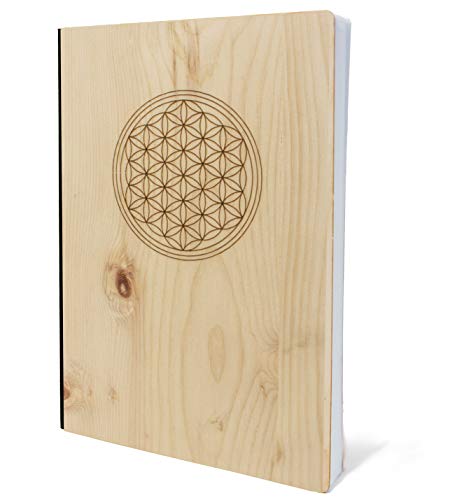 Cuaderno con tapa de madera en A5, diseño de flor de la vida, cuaderno de madera de pino, 192 páginas en blanco, 90 g