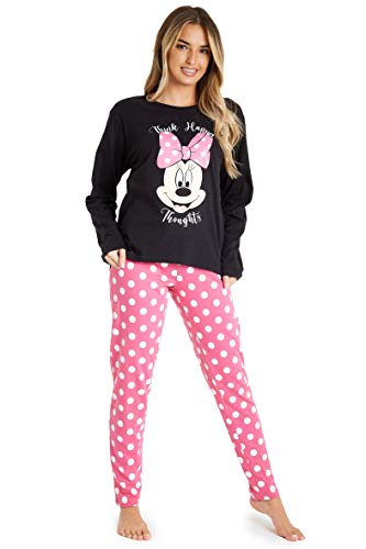 Disney Minnie Mouse Pijama Mujer Invierno, Pijamas Algodon Mujer, Conjunto de Pijama Mujer con Camiseta Manga Larga, Pijamas Adultos Divertidos, Regalo Mujeres (Negro, XL)
