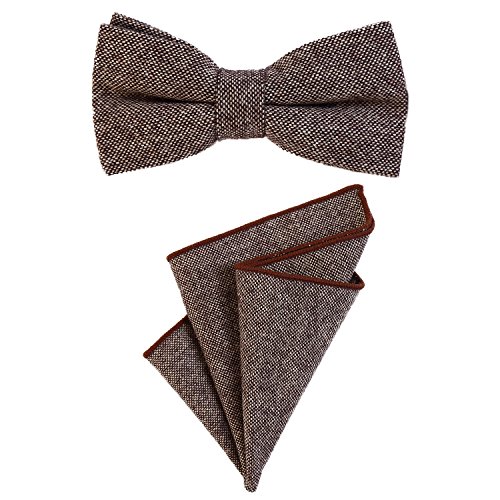 DonDon Pajarita para caballero 12 x 6 cm, atada y de tamaño ajustable, y pañuelo de bolsillo de 23 x 23 cm a juego de algodón marrón-beige
