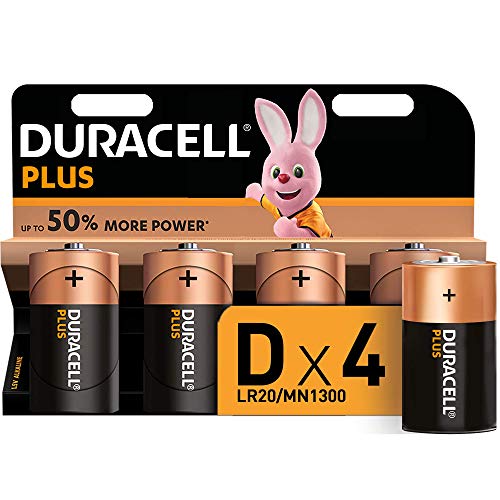 Duracell Plus D, Pilas Alcalinas , paquete de 4, 1,5 Voltios LR20 MN1300