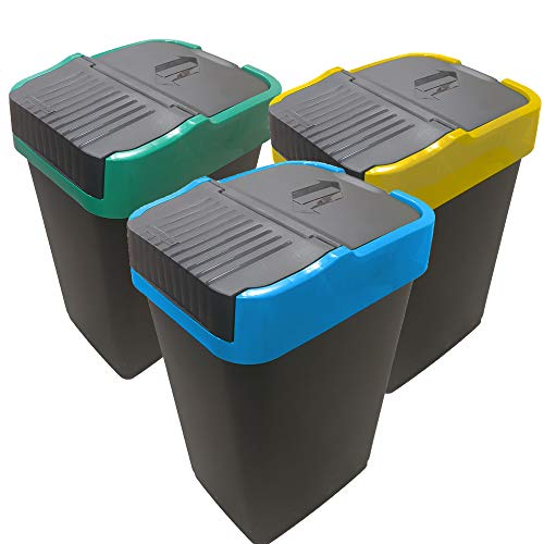 EUROXANTY Pack 3 papeleras de Reciclaje | Papelera Reciclaje Colores | Tapa basculante | PVC rígido | Diseño Rectangular | (60L)