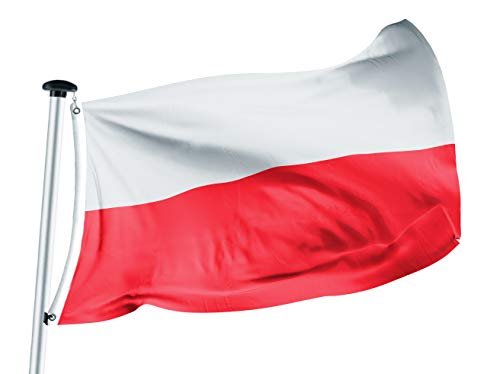 FLAGLY Banderas y banderas de alta calidad, 100 x 150 cm, 160 g/m², peso de la tela, hecha a mano, robusta y resistente a la intemperie, banderas nacionales con ojales, 100 x 150 cm, Polonia.