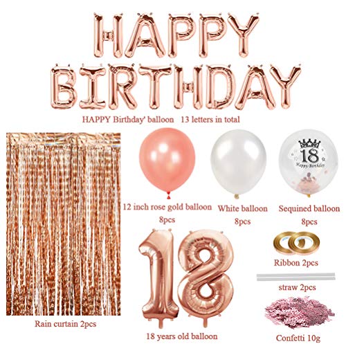 FOCCTS Decoración de Cumpleaños 18 de Oro rosa con Pancarta de Feliz Cumpleaños,Confeti y 18 Globos para Fiesta de Cumpleaños Celebraciones de Bodas, Fiestas,etc