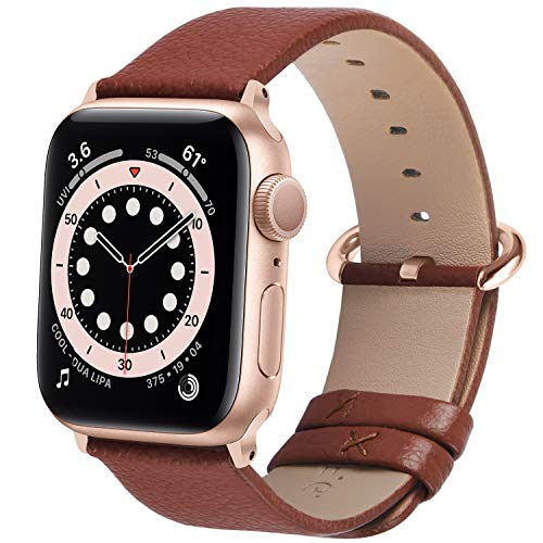 Fullmosa Correa de Apple Watch, 38 mm 40 mm 42 mm 44 mm Correa Compatible con iWatch, Correa de Cuero, Compatible con Apple Watch SE y Serie 6 5 4 3 2 1, Marrón + Hebilla de Oro Rosa, 42mm/44mm