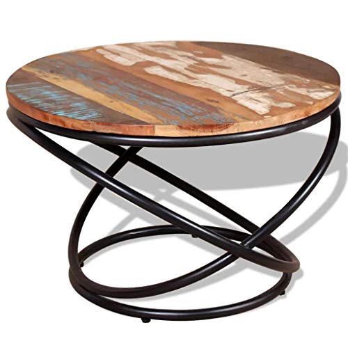GOTOTOP - Mesa redonda de salón, 60 x 60 x 40 cm, mesa de café de madera maciza recuperada, totalmente hecha a mano, tablero de madera maciza reciclada + tubos de hierro