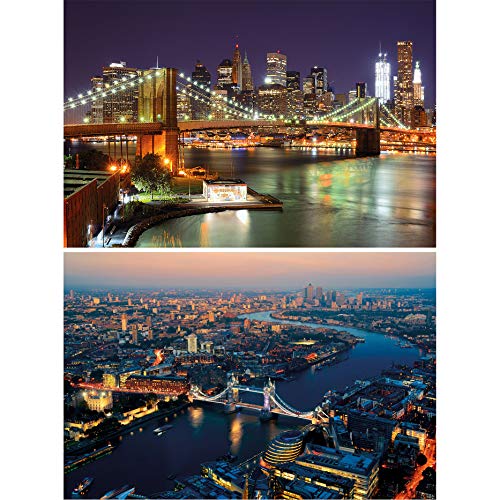 GREAT ART Juego de 2 Carteles XXL – Motivo Ciudades del Mundo - Nueva York Puente de Brooklyn Foto Londres decoración de Pared póster Ciudades de América e Inglaterra (140 x 100 cm)