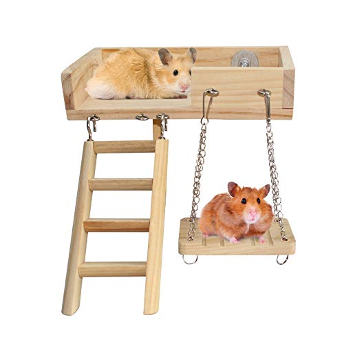 Hámster Chew Toys 3Pcs Set, Madera Natural Mascota pequeña Juguetes para Gerbil Hedgehog Rat Conejillo de Indias Chinchilla Bird Parrots Rabbits Bunny (Terraza + Escalera + Columpio)