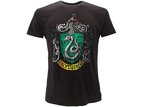 HARRY POTTER Warner Bros - Camiseta original con escudo de la casa serpeverde vintage, color negro, producto oficial Negro M