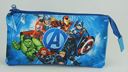 HOVUK® Disney Character Marvel Avengers Estuche de triple bolsillo para lápices para niños, estuche de poliéster y PVC