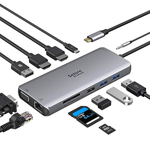 Hub USB C, adaptador multipuerto 12 en 1 a Dual HDMI y VGA, Ethernet RJ45, PD 100 W, puerto de audio, tarjeta SD/TF, 2 puertos USB 3.0 y USB 2.0, Dock Dock para MacBook Pro/Air Huawei Matebook.