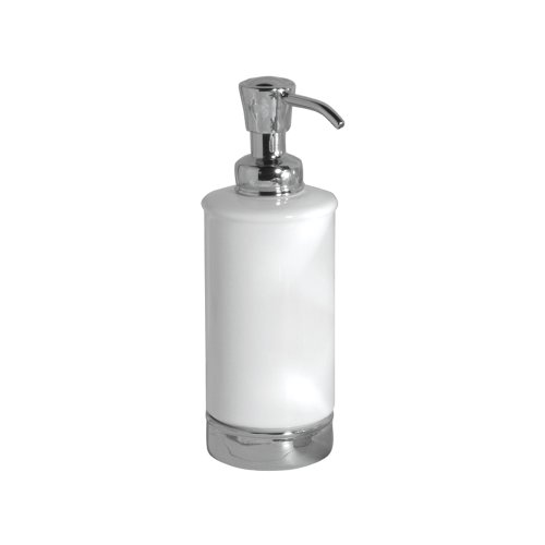 iDesign Dispensador de jabón líquido, bote dosificador de líquidos redondo de cerámica y metal, dosificador de jabón rellenable para 325 ml, blanco y plateado