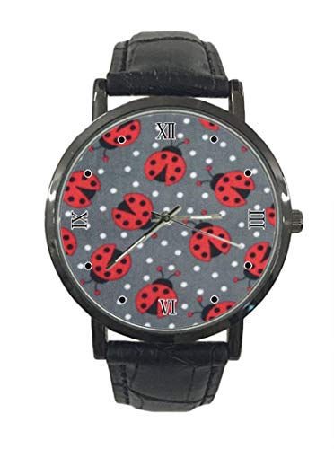 Insect Ladybug - Reloj de pulsera de cuarzo analógico de cuero de acero