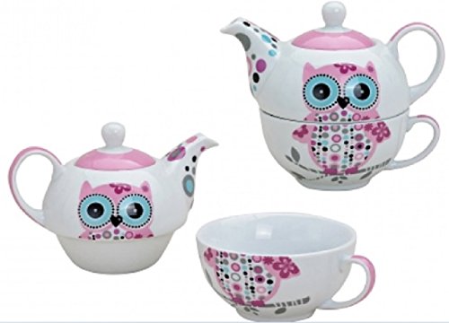 Juego de té con diseño de búhos en color rosa para una persona | tetera y taza de té | Servicio de té de porcelana rosa en caja de regalo | Taza con asa y tetera con asa para bebedor de té | Juego de tazas Tea for one